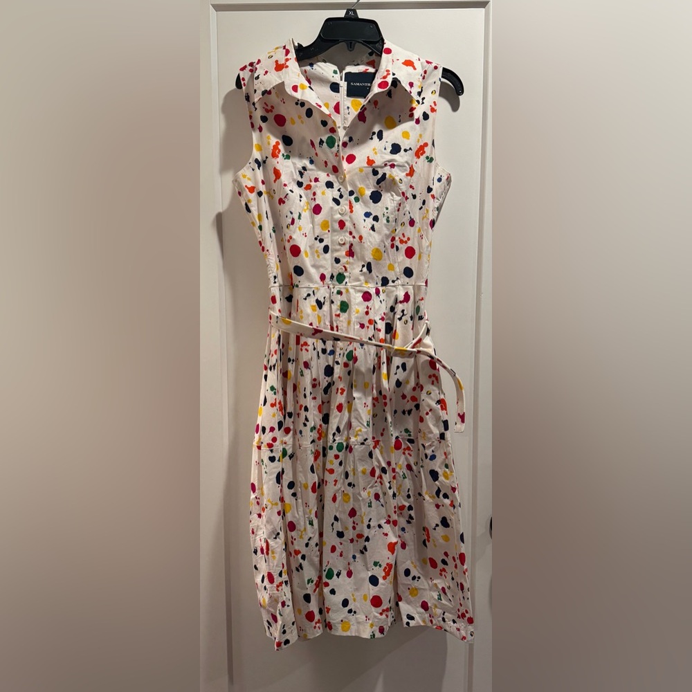 Samantha Sung White Splatter Paint Multicolor Sleeveless Midi Dress Size 8